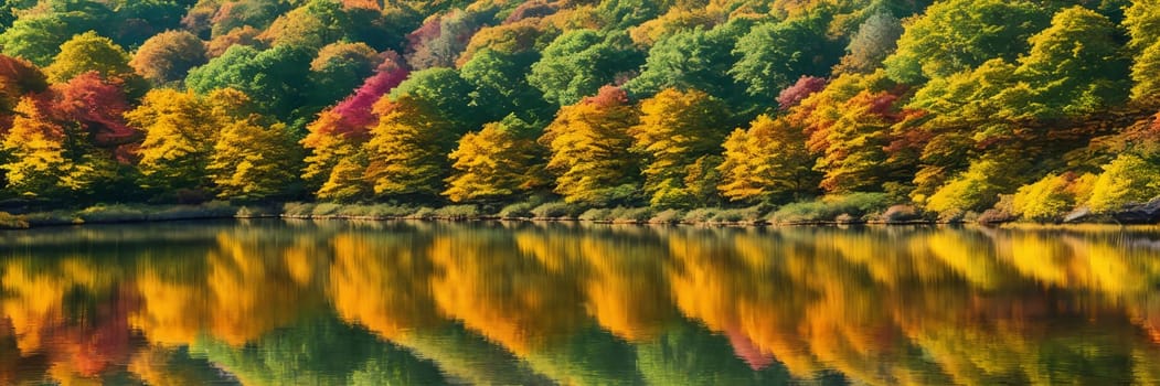 Colorful palette of autumn by focusing on a tranquil lake reflecting the vibrant foliage of surrounding trees on a sunny day