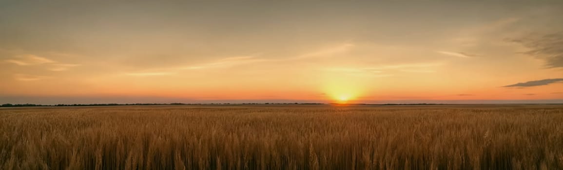 Tranquility of a vast wheat field at sunset, with the warm tones of the sky mirroring the golden hues of the ripe crops