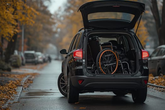 Wheelchair in open car trunk.