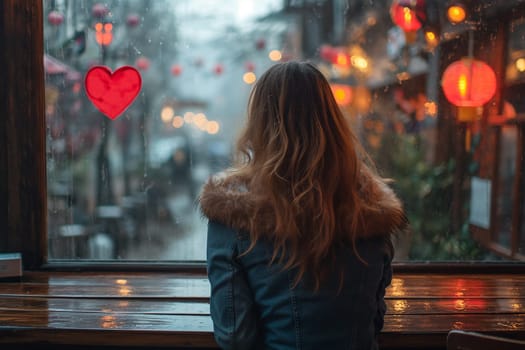 A woman sitting in a cafe drew a heart shape on the window glass with lipstick.