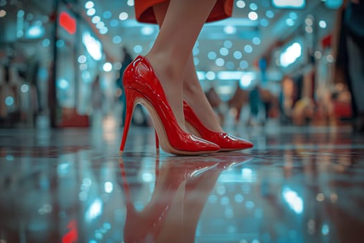 Woman wearing red high heels while shopping in boutique. Close-up.