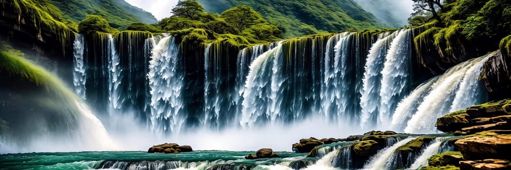 Witness a majestic waterfall plunging down a rocky cliff, displaying the raw power and beauty of nature in a mesmerizing capture