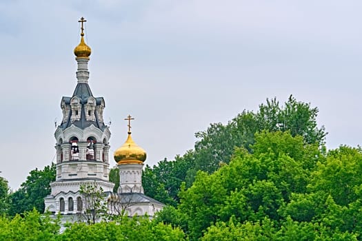 Russia-2020. Church domes of the Orthodox Church behind the trees. general plan. daylight