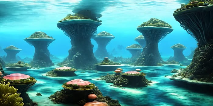 Utopian underwater city. Marvel at the transparent domes teeming with marine life, futuristic transit networks, and cutting-edge research hubs delving into the ocean's mysteries.