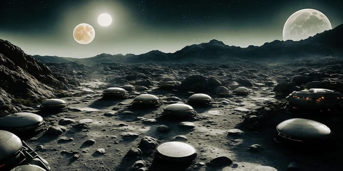 Welcome to the lunar colony, modular habitats, solar panels, lunar rovers exploring the rugged terrain. Star-filled skies mesmerize above.