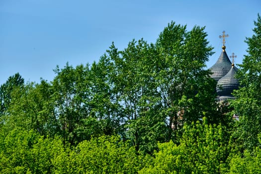 Russia-2020. Church domes of the Orthodox Church behind the trees. general plan. daylight