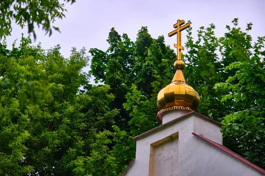 Russia-2020. Church domes of the Orthodox Church behind the trees. general plan. daylight