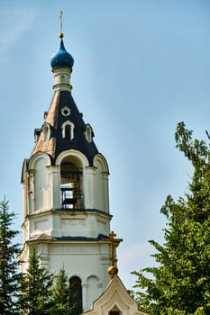 Russia-2020. Church domes of the Orthodox Church behind the trees. general plan. daylight