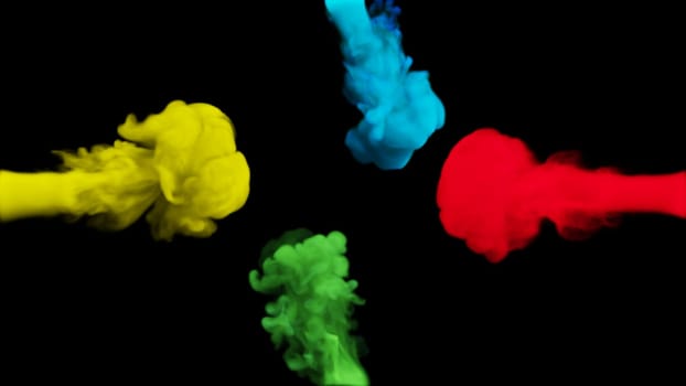 Clubs of multi-colored smoke collide from four sides on a black background. 3d illustration
