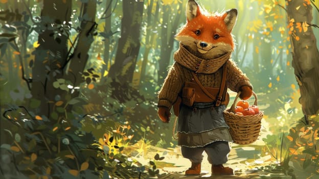 A cartoon fox with a basket of apples in the woods