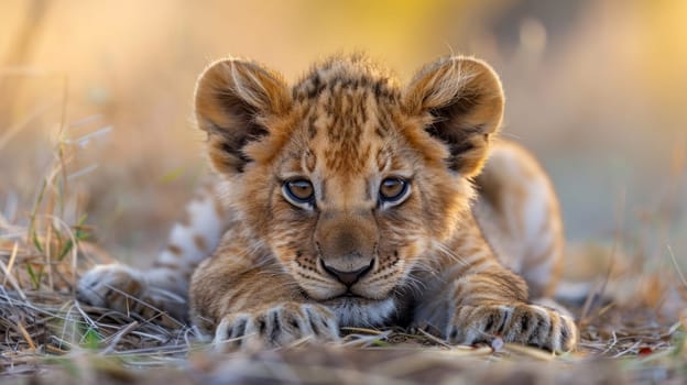 A small lion cub laying on the ground in a field