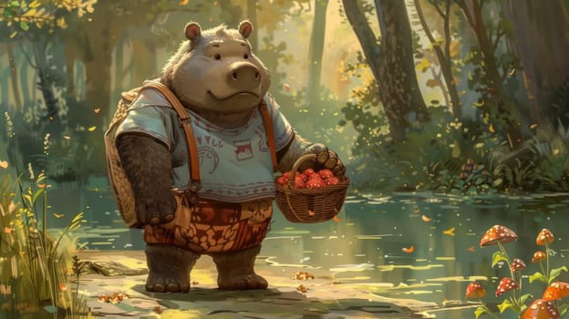 A cartoon bear with a basket of fruit on his back