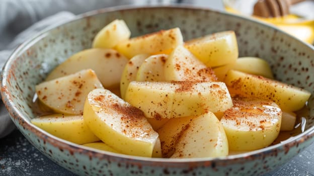 A bowl of sliced apples with cinnamon and sugar on a table