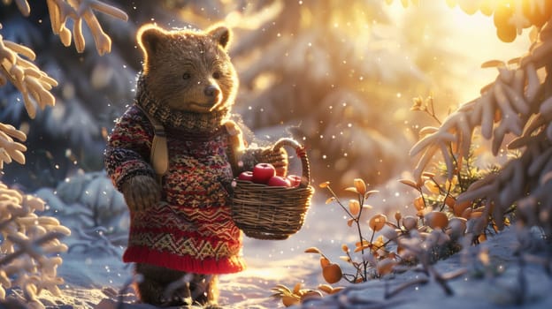 A teddy bear in a sweater holding an apple basket
