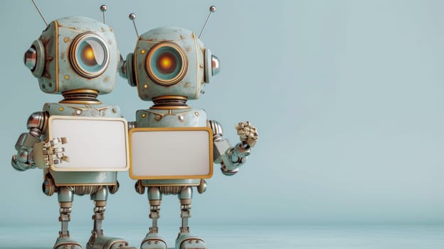 Two robots holding a blank board in front of them