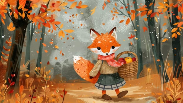 A cartoon fox with a basket of apples in the woods