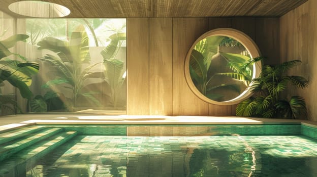 A large mirror in a room with an indoor pool and plants