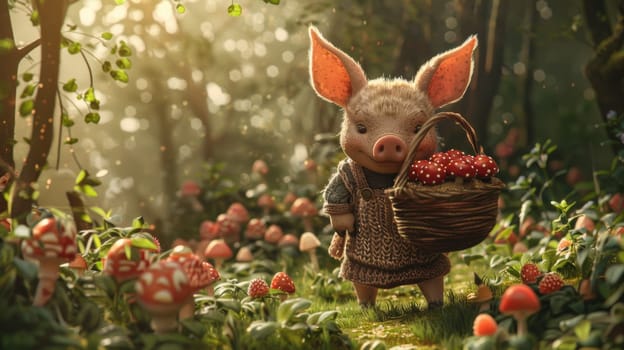 A pig with a basket of mushrooms in the woods