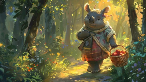 A cartoon character walking through a forest with basket of fruit