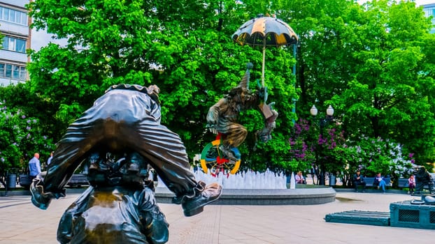 A bronze statue of clown at Clowns Square on Tsvetnoy Boulevard in Moscow 2019