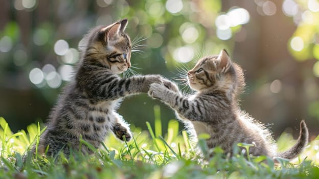 Two kittens playing with each other in the grassy field