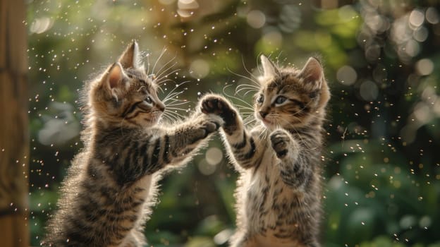 Two kittens playing with each other in a field of grass