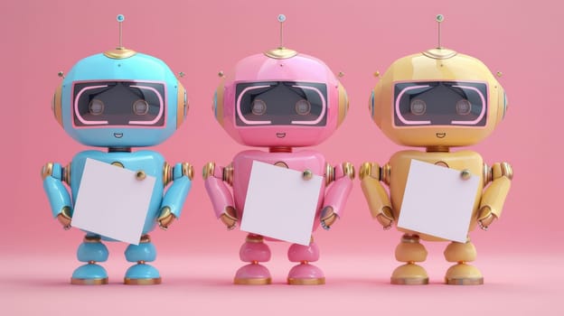 Three robots holding a blank piece of paper in front of them