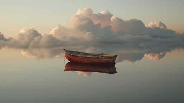 A small boat floating on a calm lake with clouds in the background