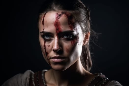 Woman warrior with blood on face. Girl portrait. Fictional person. Generate Ai