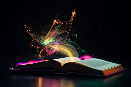 Book with neon lights. Study school book. Generate Ai