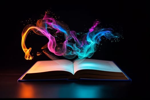 Book with magic neon lights. Read study. Generate Ai