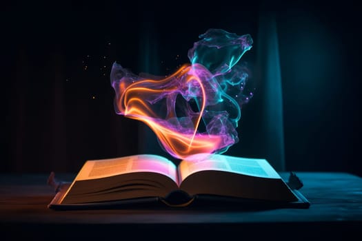 Magic neon lights over book. Open teach. Generate Ai