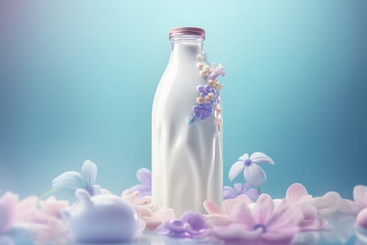 Milk in bottle flower. Glass drink dairy. Generate Ai