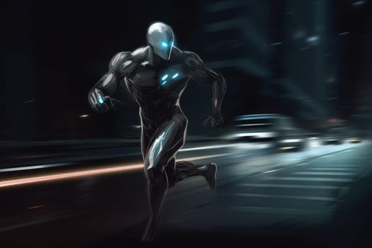 City futuristic robot run. Sport fast cyborg. Generate Ai