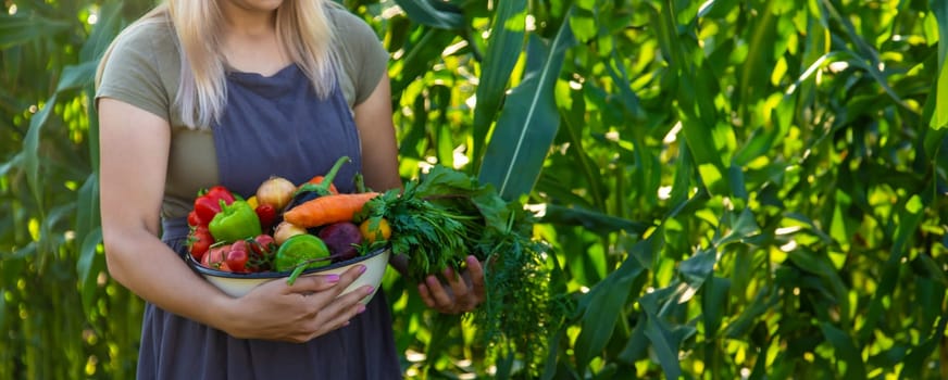 woman in the garden with vegetables in her hands.