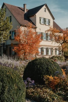 House with nice garden in fall. Flowers in the Park. Bietigheim-Bissingen. Germany, Europe. Autumn Park and house, nobody, bush and grenery