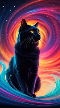 Black cat in neon rays. AI generated