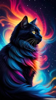 Black cat in neon rays. AI generated