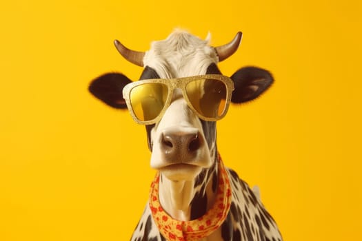 A stylish cow with sunglasses and a polka dot scarf poses confidently against a yellow background.
