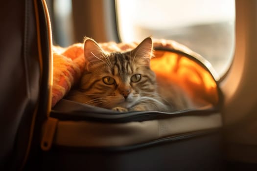 Cat peeking out of pet carrier bag in sunlit vehicle. Candid pet travel concept. Design for pet accessories promotion, travel banner