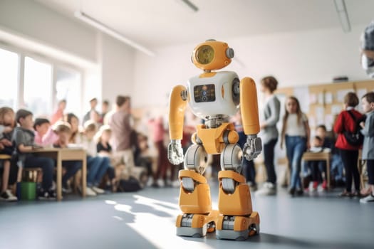 A humanoid robot interacts with a group of young students in a bright classroom setting.