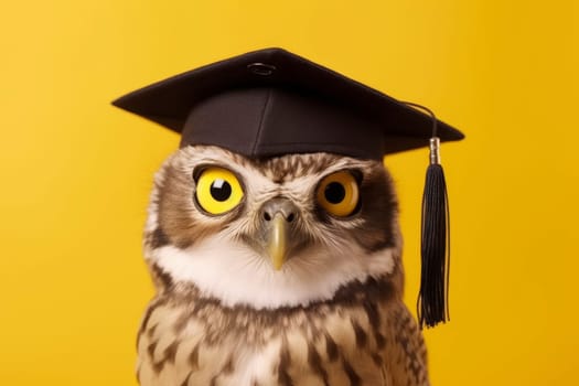 Owl with graduation cap on yellow background. Education concept. Design for graduation announcement, educational poster