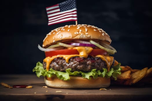 A juicy cheeseburger with lettuce, tomato, and cheese, garnished with an American flag.
