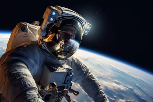 Astronaut floating in space with Earth's horizon in the background. Spacewalk and adventure concept. Suitable for poster, educational materials, and science communication. Wide-angle shot with copy space