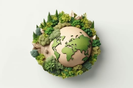 3D Rendered Eco Earth with Trees, Bushes, and Mountains. Sustainable World and Environment Conservation Concept. Design for Earth Day, Environmental Education, and Green Initiatives
