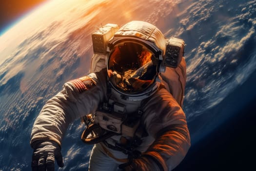 Astronaut floating in space with Earth's horizon in the background. Spacewalk and adventure concept. Suitable for poster, educational materials, and science communication. Wide-angle shot with copy space
