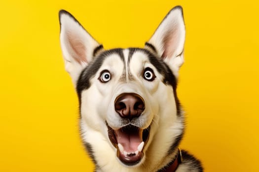 Siberian Husky with open mouth on yellow background. Pet portrait with space for text. Design for posters, banners