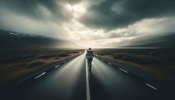 A lone traveler walks on an empty road stretching to the horizon under overcast skies
