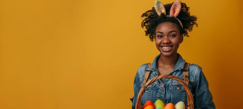 Woman with bunny ears holding Easter basket with colored eggs. Studio portrait on yellow background. Easter celebration concept for design and print. Place for text