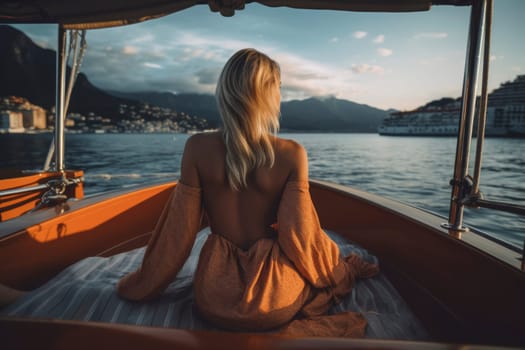 Back view of a woman enjoying a picturesque lake view from a boat at sunset, reflecting tranquility.